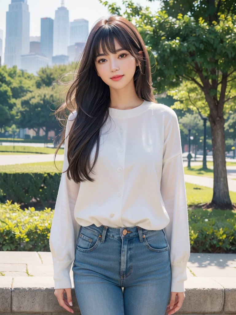 One girl,Beautiful Model , Instagram (photoRealistic, High resolution:1.4), ((Puffy eyes)), View your viewers, , whole body (8K, RAW Photos, Highest quality, masterpiece:1.2), (Realistic, photo-Realistic:1.37),(Sharp focus:1.2), Professional Lighting, Photon Mapping, Radio City, Physically Based Rendering, (Realistic skin:1.2),( ), View your viewers, (Mid-length hair:1.5),, Purple eyes, (Silver Hair:1.1),bangs, (Park Background:1.4), alone, Realistic,(masterpiece:1.4),(Highest quality:1.4),(Shiny skin),Fashionable Girl,compensate,smile(skinny,Mouth closed,shy :1.3) , shoulder,Full Color:1.1),whole bodyショット,No sleeve,jeans,Medium Bust,Sexy pose ,