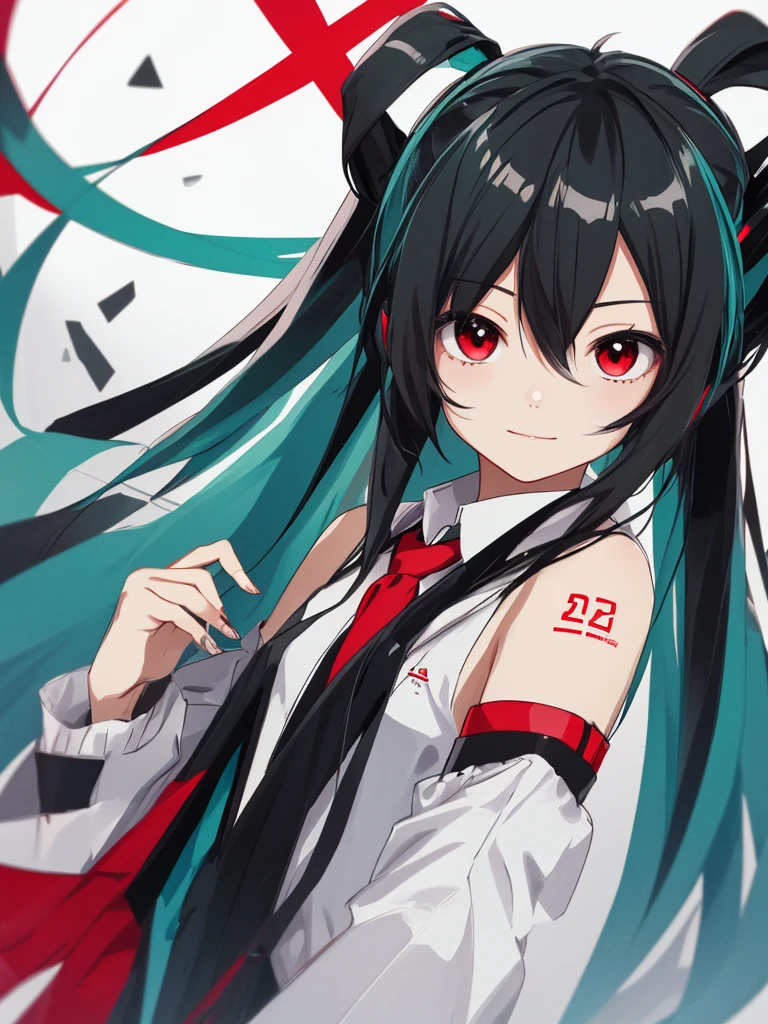 hatsune miku, red eyes, black hair