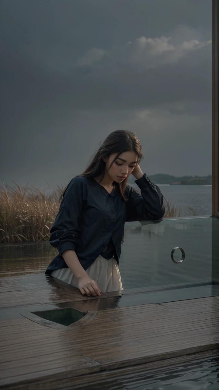 1girl, solo focus, pov, very wide shot, east asian architecture, landscape, sunlight, sunrise, floating, cloud, sky, rain, water, full body, outdoors, scenery, depth of field, (best quality,4k,8k,highres,masterpiece:1.2),ultra-detailed,(realistic,photorealistic,photo-realistic:1.37),beautiful detailed eyes,beautiful detailed lips,extremely detailed eyes and face,longeyelashes,serene,tranquil,peaceful,calming,dreamlike,atmospheric,cinematic