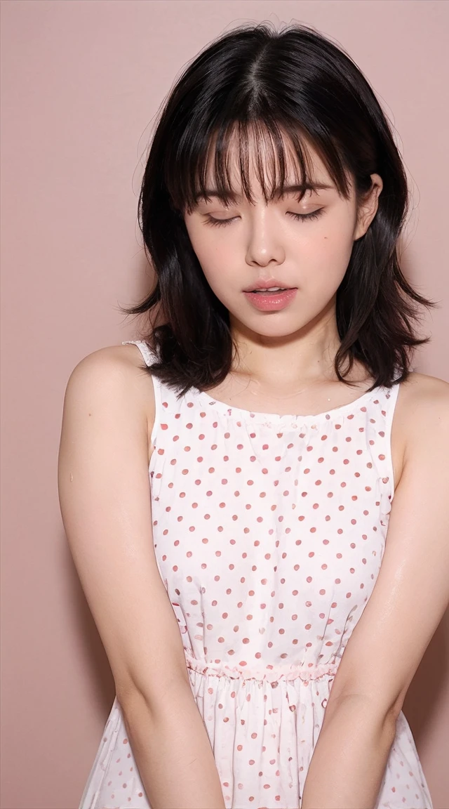 become close,Sharp lines,Highest quality, masterpiece、Overnight parking、Dark Light、Canon Photo Crystal Clear ,(Realistically:1.2), (Polka dot mini skirt dress)、Action pose、Take a full body photo、((((Sweat, blush, close your eyes, Open your mouth))))、Gorgeous appearance、Curly Hair