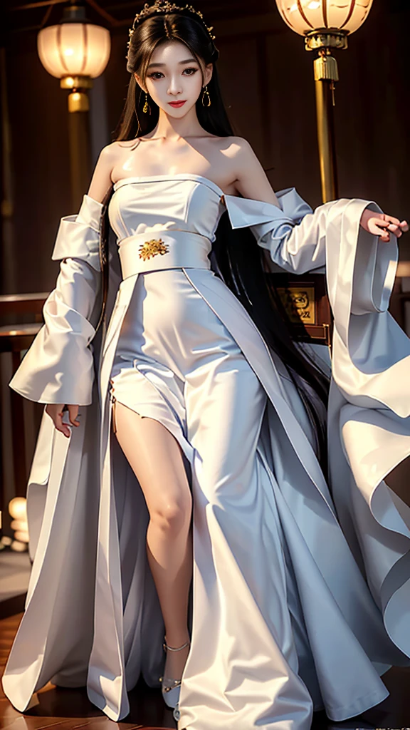 Girl in traditional Chinese clothing, Hanfu ,long black hair, black eyes, black bun hairstyle, hair accessories ,white diamond earrings, Bangle Diameter, Dia Necklace, Clear eyes, Facing forward,put on makeup, Long eyelashes ,(Long shoulder coat:1.5), (long white skirt:1.5), ((Whole body)), ((from below))ฃ, Clear face, , (Very beautiful face, Beautiful mouth, beautiful eyes), detailed face, ((Ultra-fine skin)), In the dark, deep shadows, an ancient Chinese girl (Very slim figure 1.3) ,Plump breasts, sexy slender legs elegant posture (smile brightly) (city night (neon light)) (nighttime ),