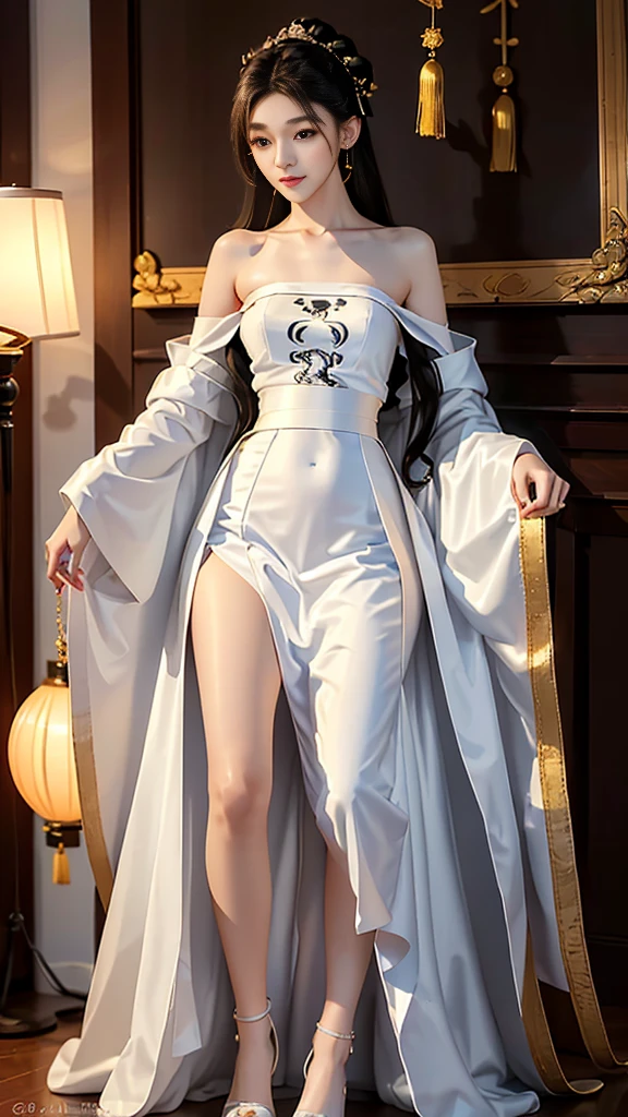 Girl in traditional Chinese clothing, Hanfu ,long black hair, black eyes, black bun hairstyle, hair accessories ,white diamond earrings, Bangle Diameter, Dia Necklace, Clear eyes, Facing forward,put on makeup, Long eyelashes ,(Long shoulder coat:1.5), (long white skirt:1.5), ((Whole body)), ((from below))ฃ, Clear face, , (Very beautiful face, Beautiful mouth, beautiful eyes), detailed face, ((Ultra-fine skin)), In the dark, deep shadows, an ancient Chinese girl (Very slim figure 1.3) ,Plump breasts, sexy slender legs elegant posture (smile brightly) (city night (neon light)) (nighttime ),