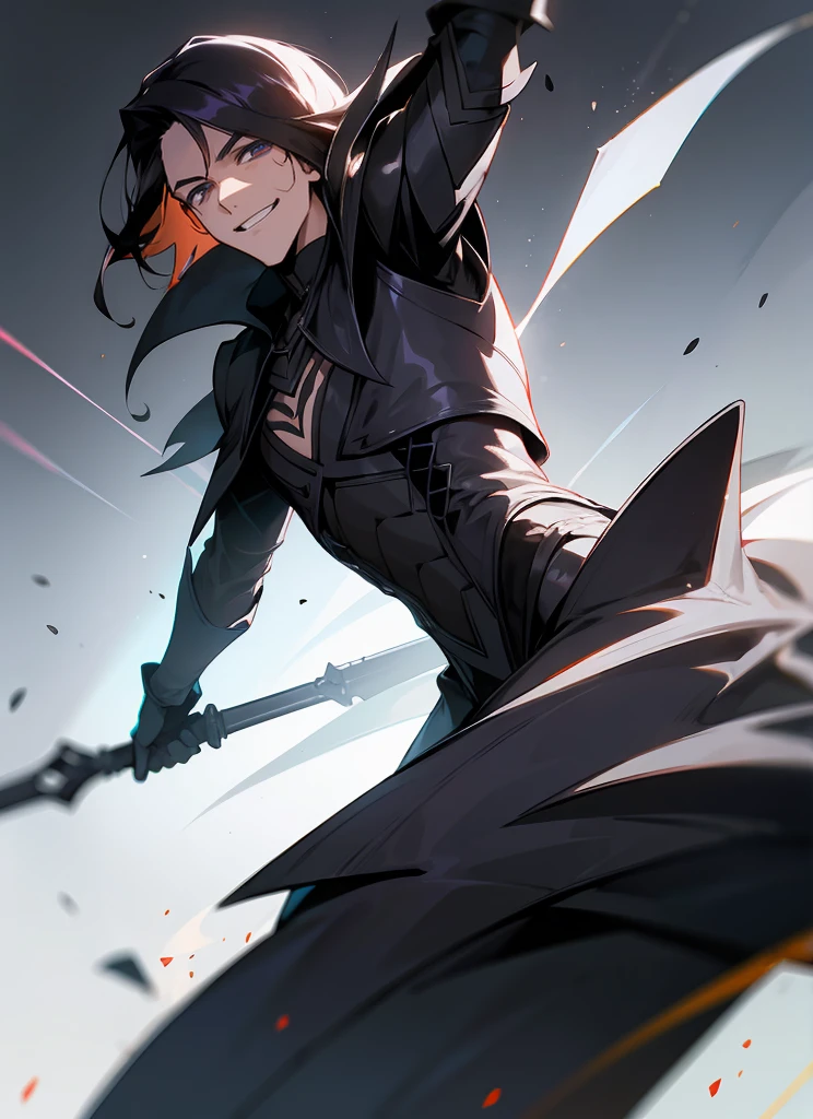 1 , handsome fashion hair,dark hair highlightwhite, fanstasy, smile face, male ,fantasy, reaper, hunter with blackshortsword, villian face, black armor , darkness wolrd, bad