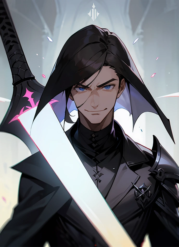 1 , handsome fashion hair,dark hair highlightwhite, fanstasy, smile face, male ,fantasy, reaper, hunter with blackshortsword, villian face, black armor , darkness wolrd, bad
