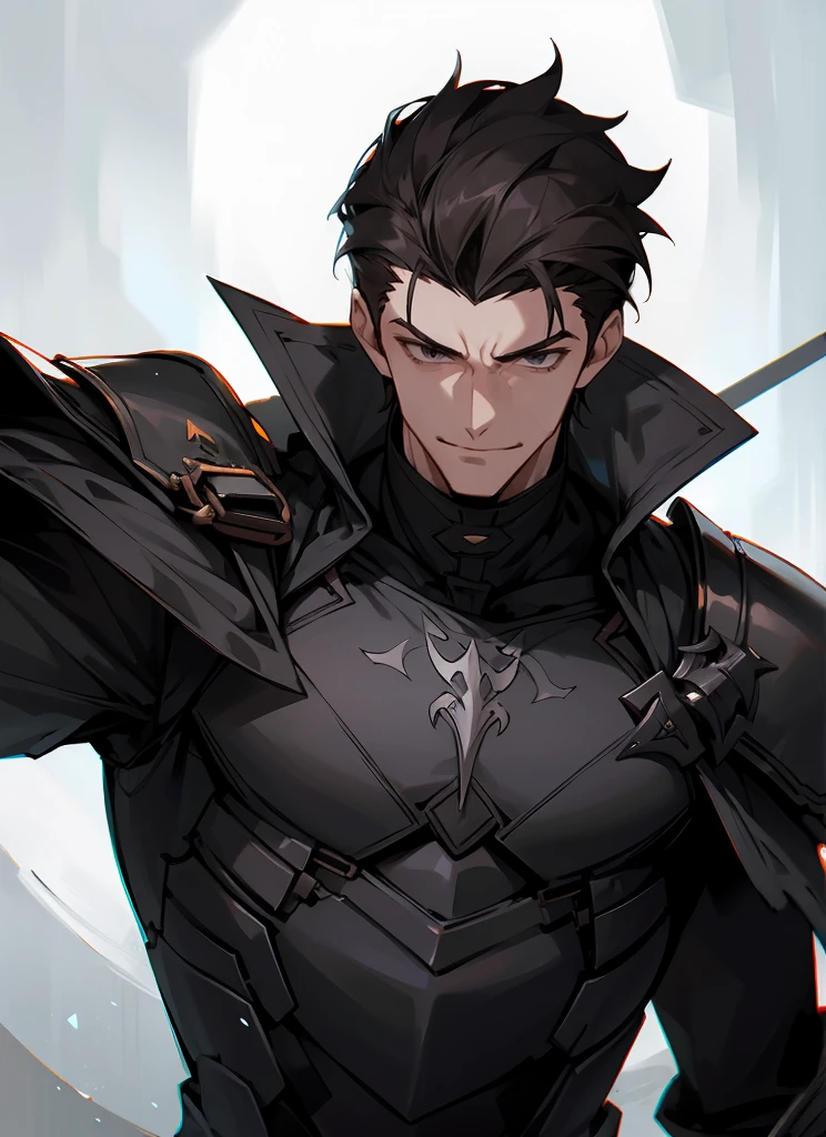 1 , handsome fashion hair,dark hair highlightwhite, fanstasy, smile face, male ,fantasy, reaper, hunter with blackshortsword, villian face, black armor , darkness wolrd, bad