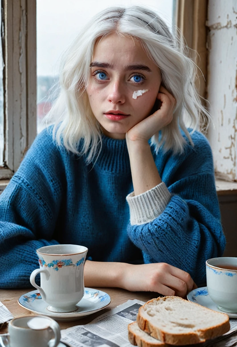 at the table sits a girl with white hair, in a large oversized jumper, in big blue eyes tears, on the table there is a glass with tea of cloudy colour, there is (((small crust of bread))), in the background ((window taped with newspaper tapes cross on cross)), war, the siege of Leningrad, hunger, siege bread, in the style of Dmitry Buchkin, Frolova Anastasia, Frolova-Bagreeva.