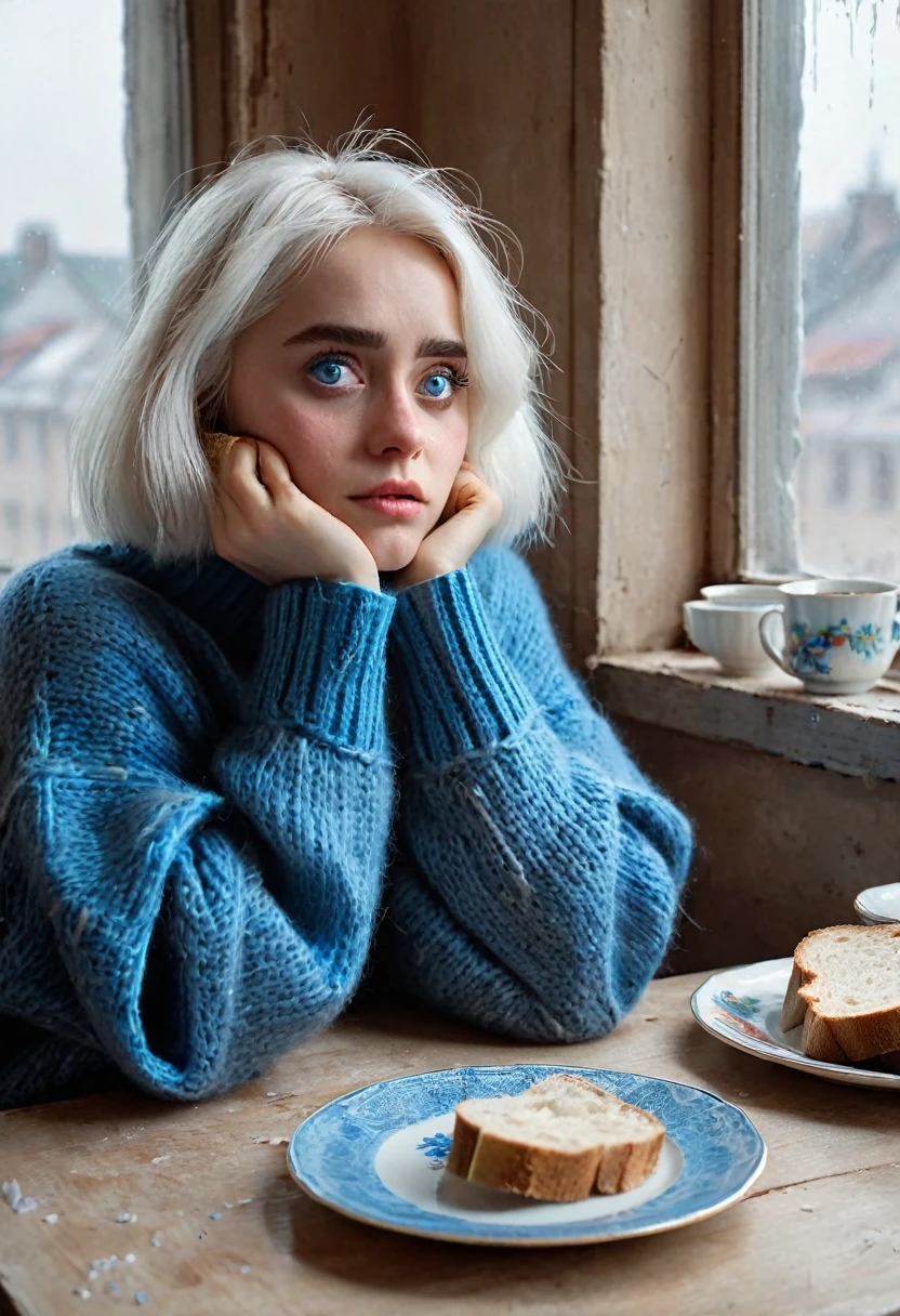 at the table sits a girl with white hair, in a large oversized jumper, in big blue eyes tears, on the table there is a glass with tea of cloudy colour, there is (((small crust of bread))), in the background ((window taped with newspaper tapes cross on cross)), war, the siege of Leningrad, hunger, siege bread, in the style of Dmitry Buchkin, Frolova Anastasia, Frolova-Bagreeva.