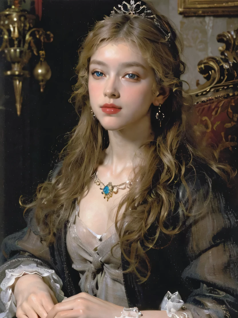 (Masterpiece: 1.2, Best Quality), Realistic, (Realistic Picture, Complex Details, Depth of Field), Best Quality, Masterpiece, Highly Detailed, Semi Realistic, 1 Girl, Mature Female, 21 Years Old, Blond Hair, Shoulder length Short Hair, Left Eye Covered with Hair, Blue Eyes, King's Clothes, Red Cloak, Slim Figure, Crown Made of Precious Gold, Reading Documents, Marking Documents, Goose Hair Pen, Office Table, Soft Bench, Palace, In the palace, during the Middle Ages