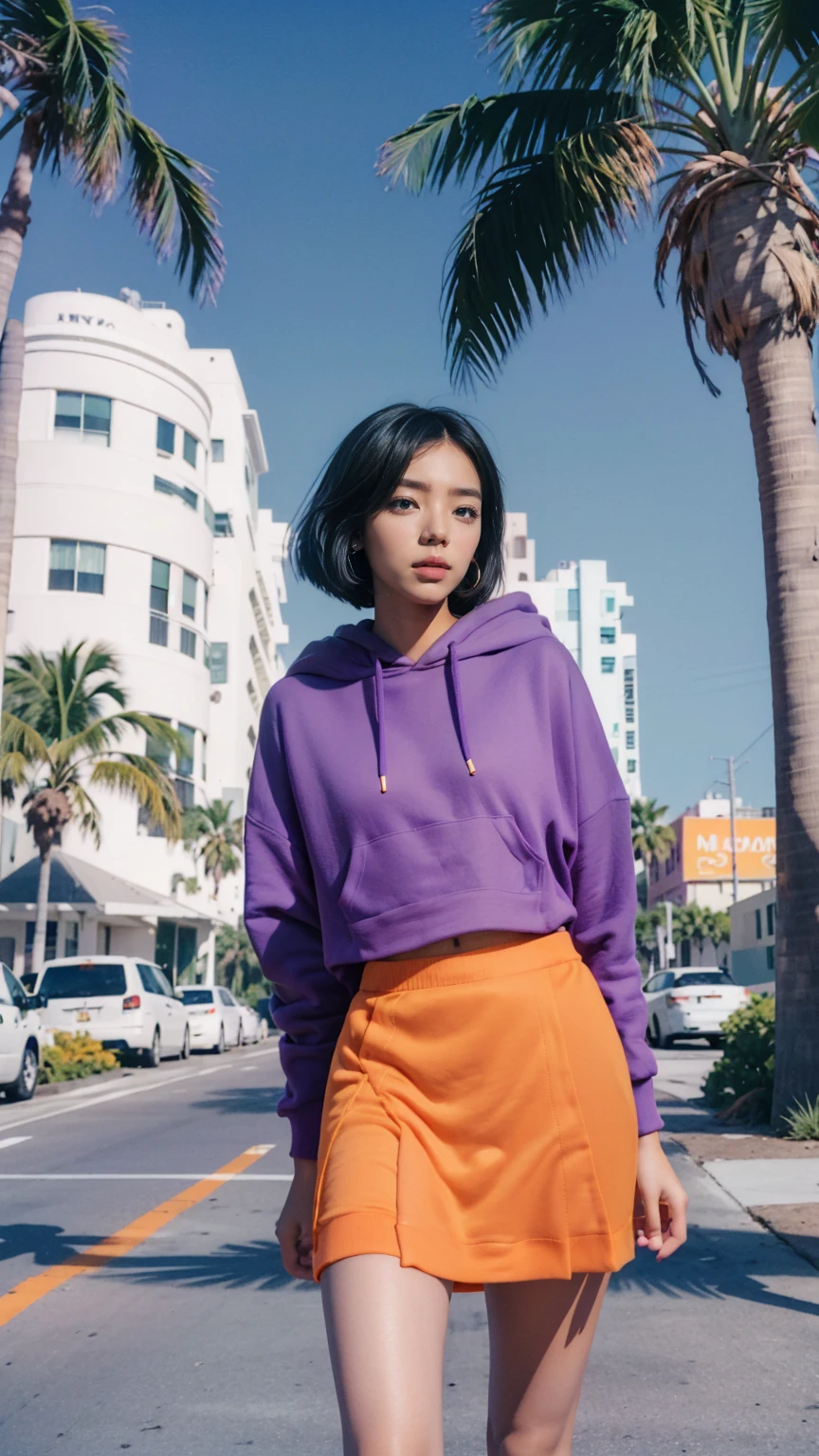 1 girl, beautiful, ultra high resolution,UHD ,black bob hair, almond eye, no makeup,looking camera, wear ((oversized orange hoodie)) (purple tennis skirt), walking pose ((8th Street Designer District Miami)),(from below:1.2), (realistic:1.1), (surreal:1.2), (very detailed:1.1), ((masterpiece)), summer, blue sky, (palm trees),sunny, los angles vibes,