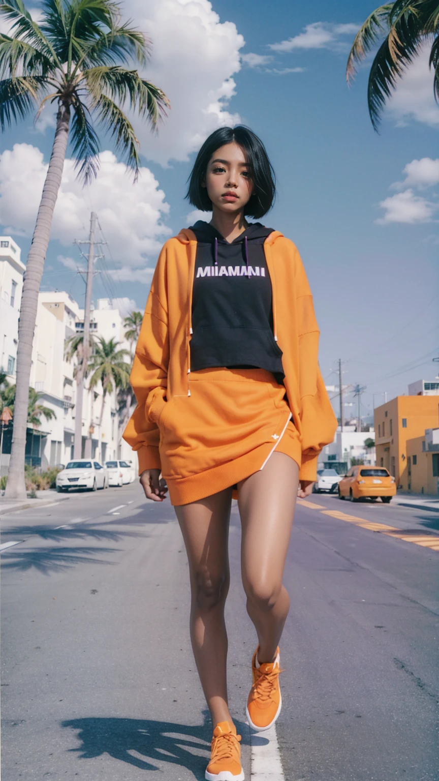 1 girl, beautiful, ultra high resolution,UHD ,black bob hair, almond eye, no makeup,looking camera, wear ((oversized orange hoodie)) (purple tennis skirt), walking pose ((8th Street Designer District Miami)),(from below:1.2), (realistic:1.1), (surreal:1.2), (very detailed:1.1), ((masterpiece)), summer, blue sky, (palm trees),sunny, los angles vibes,