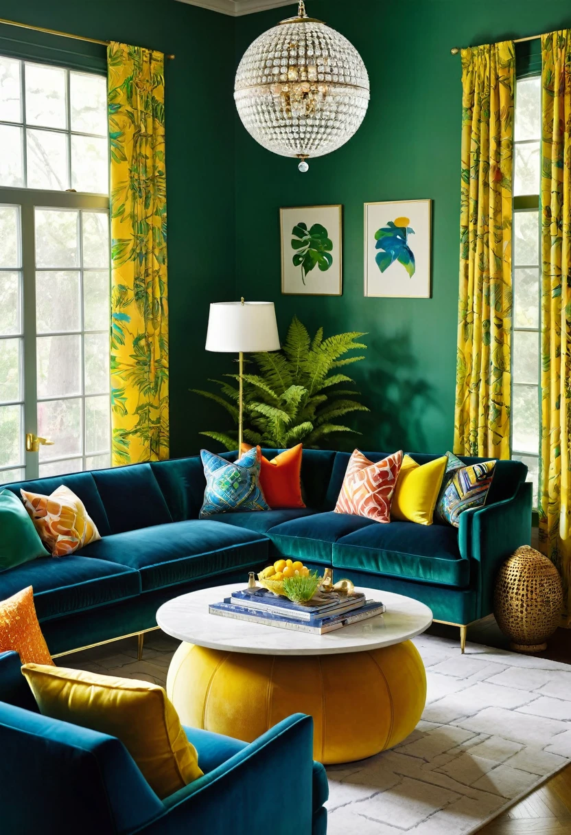 A vibrant living room filled with sunshine and bold color. The focal point is a navy blue velvet sofa adorned with colorful patterned pillows, positioned in front of a large bay window draped in bright yellow curtains. The room is illuminated by a unique, fern-shaped chandelier, casting a warm glow over the eclectic mix of furniture and accessories. A touch of whimsy is added by a green glass orb perched on a stand, creating a playful contrast against the bold colors.

[Interior design illustration, capturing the energy and vibrancy of a modern eclectic style. Inspired by the work of renowned interior designers such as Miles Redd and Bunny Williams, known for their use of bold colors, playful patterns, and a mix of vintage and contemporary pieces.]

[Wide-angle lens, capturing the entire room and highlighting the interplay of light and shadow. Natural light streams through the windows, creating a sense of depth and dimension. The image is rendered with a focus on capturing the textures of the materials, including the soft velvet of the sofa, the smooth glass of the orb, and the intricate details of the chandelier.]