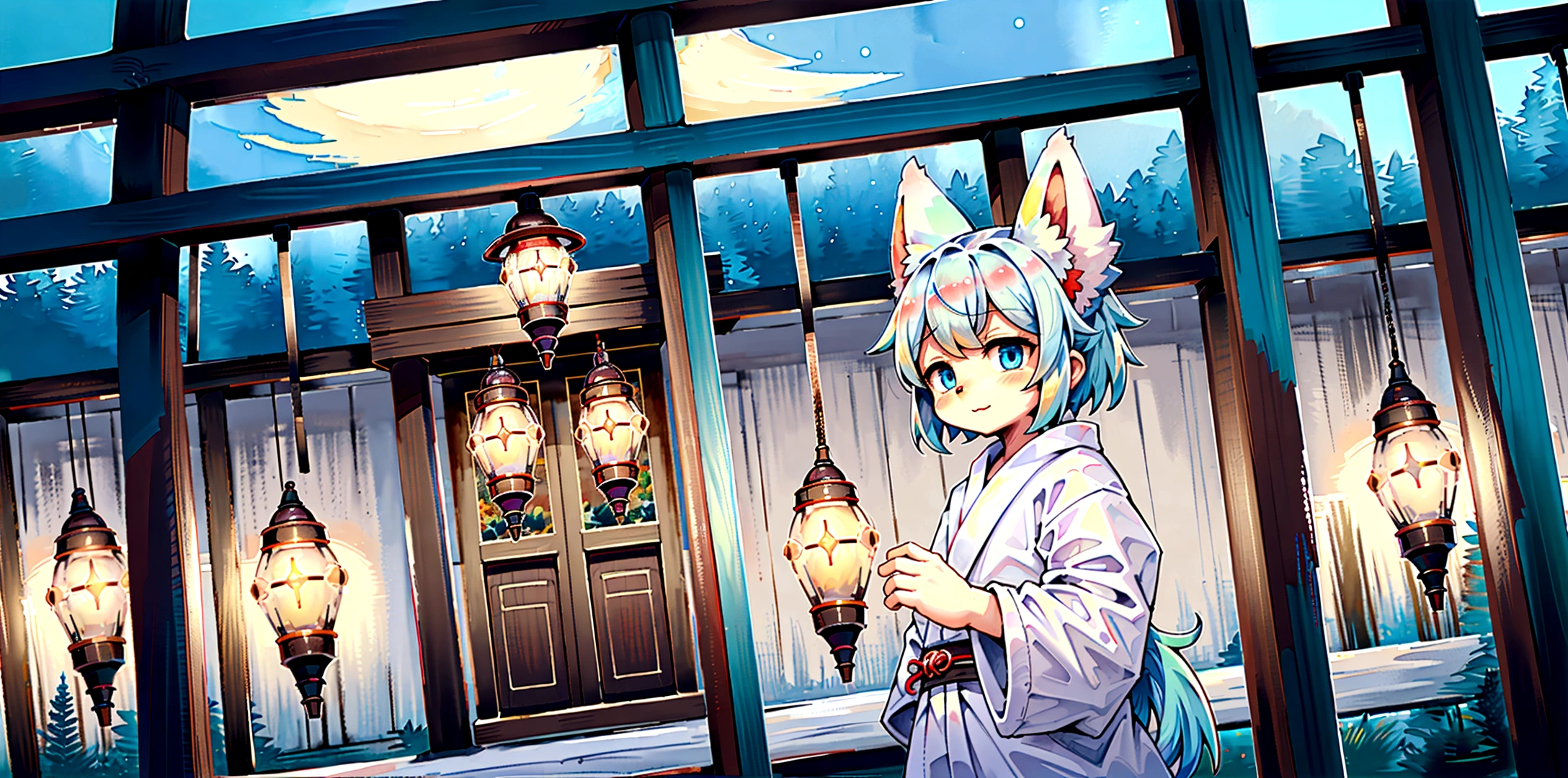 fox Light blue hair 　beast girl　indigo fur　fox beast girl　fox Light blue hair 　beast girl　indigo fur　fox beast girl　Wallpaper 4k,8k,highly detailled,,vivid colors,detailed kitsune with 9 tails,traditional Japanese artwork,tatami floor,beautiful cherry blossoms,floating lanterns,dark silhouette of a pagoda,subtle moonlight,dense forest,ethereal atmosphere,dappled sunlight,whimsical spirit,serene expression,elaborate kimono and obi,delicate hand-painted details,luminous eyes　Anime Style　fox　blue　White-faced golden-haired nine-tailed fox　Coat blue　　　mysterious background　Blue Flame　girl　have a ball of light Anime Style　fox　blue　White-faced golden-haired nine-tailed fox　Coat blue　　　mysterious background　Blue Flame　girl　have a ball of light