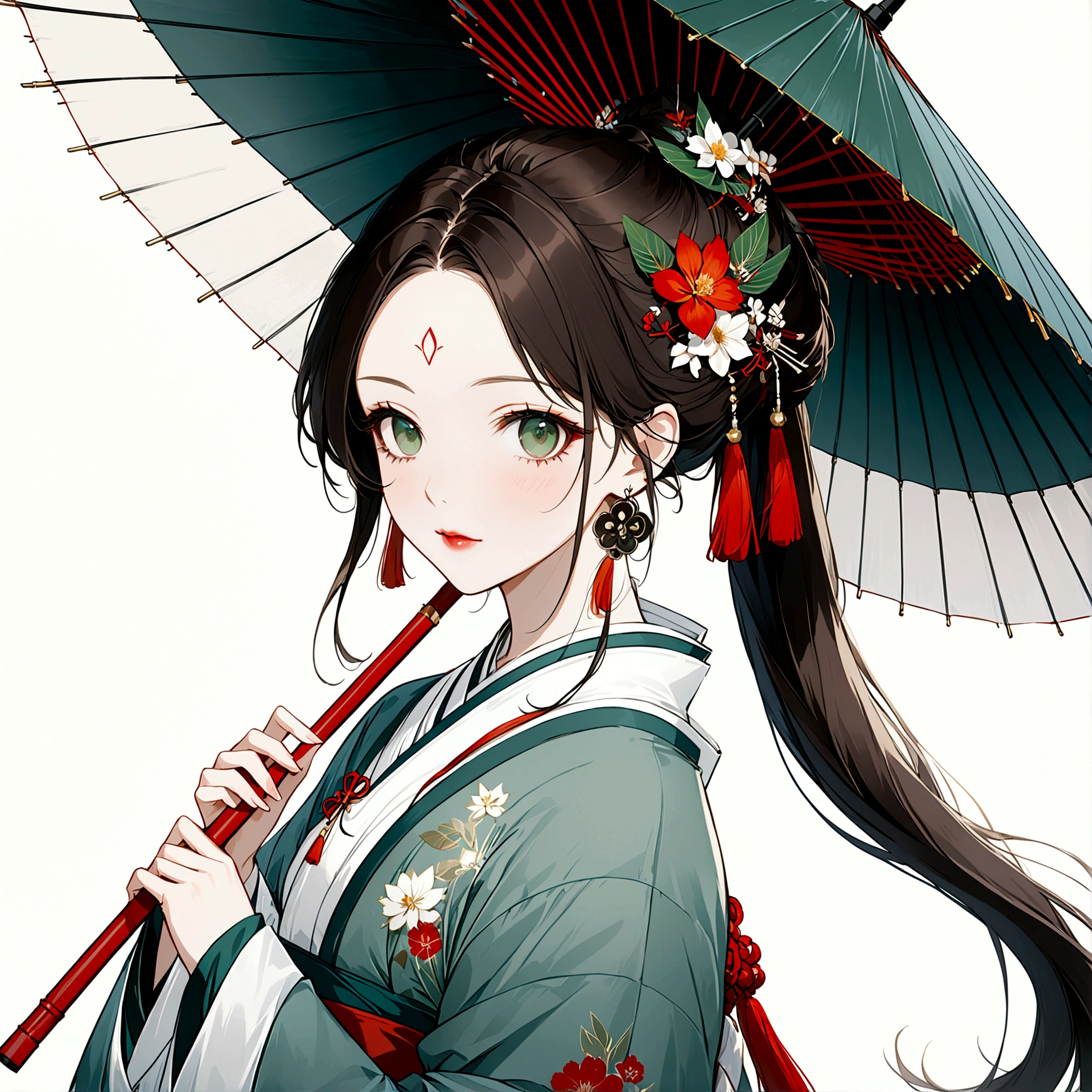 1girl, solo, long hair, looking at viewer, simple background, black hair, hair ornament, long sleeves, white background, holding, jewelry, closed mouth, green eyes, upper body, ponytail, flower, earrings, hair flower, from side, parted bangs, makeup, umbrella, facial mark, chinese clothes, white flower, lipstick, tassel, holding umbrella, forehead mark, red lips, oil-paper umbrella, hanfu