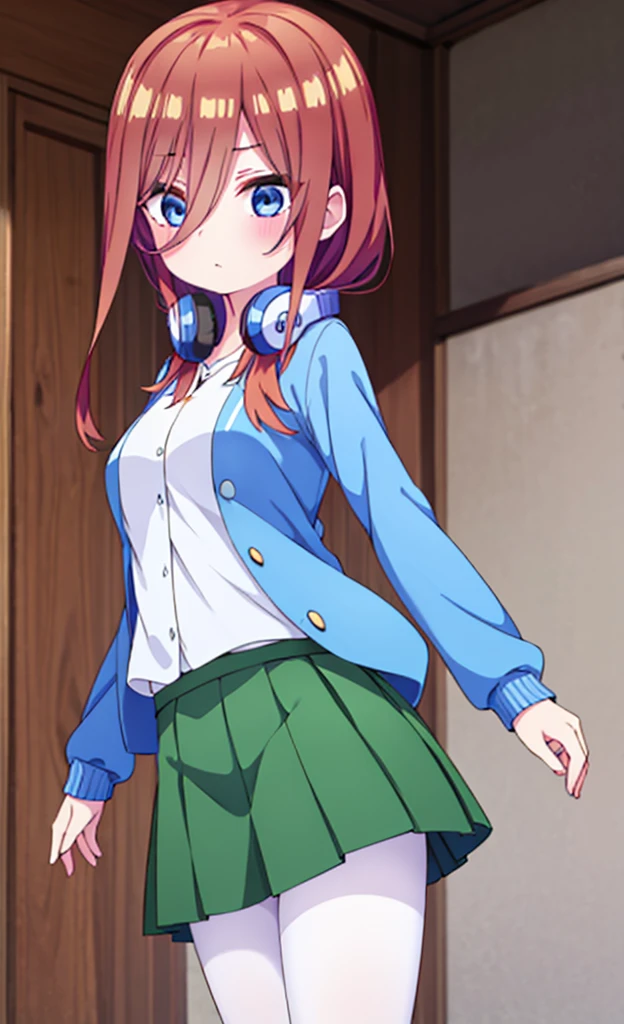 masterpiece,Highest quality,1 Girl,alone,Pokémon-like art style,(bold:1.6),(flat:1.5), miku nakano, Long Hair, bangs, blue eyes, Brown Hair, shirt, Hair between the eyes, Headphones, Headphones AROUND NECK,
skirt, shirt, Long sleeve, WHITE shirt, Black Pantyhose, PLEATED skirt, Black Pantyhose, cardigan, GREEN skirt, BLUE cardigan, Big Breasts, panic,