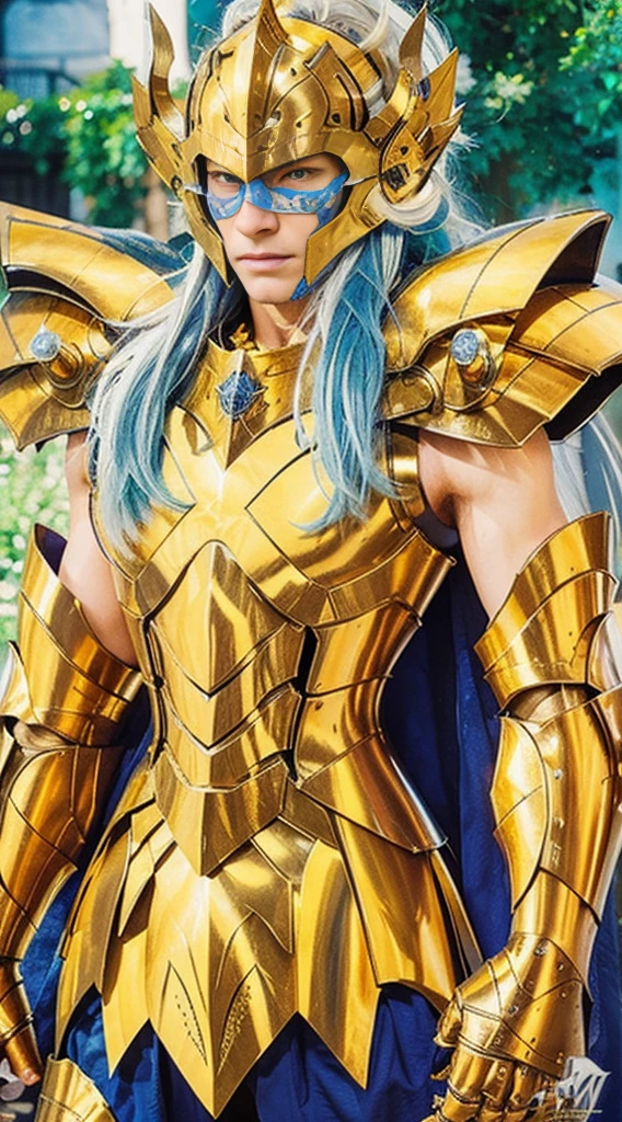 A knight man with golden armor , hair blue , White cloack, detailed armor , attractive face,  stark,Masterpiece artwork