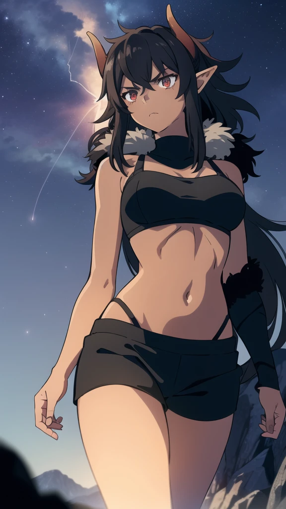 ((1girl,solo,mature female,tall)),big breasts,long hair, black hair,serious,horns,elf ears,black scarf,(dark skin),((midriff,black sports bra,neck fur)),(walking,night sky,night,thunder,lightnings),from below,