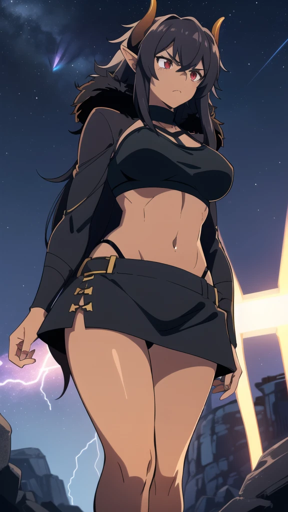 ((1girl,solo,mature female,tall)),big breasts,long hair, black hair,serious,horns,elf ears,black scarf,(dark skin),((midriff,black sports bra,neck fur)),(walking,night sky,night,thunder,lightnings),from below,