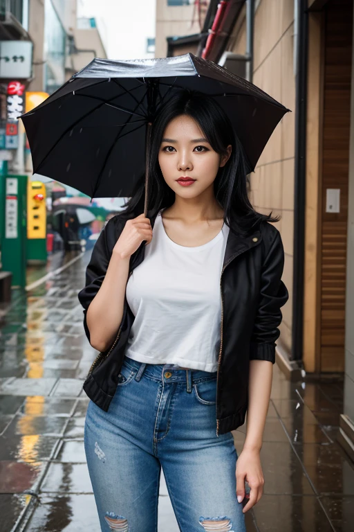 A 27 year old korean woman, sharp eyes facing the front, straight shoulder length black hair, medium fat body, plain grey t-shirt, black jeans jacket, ripped jeans, side bag, (holding a black umbrella and posing with one hand in very heavy rain). in the secluded alleyway, seoul, daytime cloudy clouds background. 