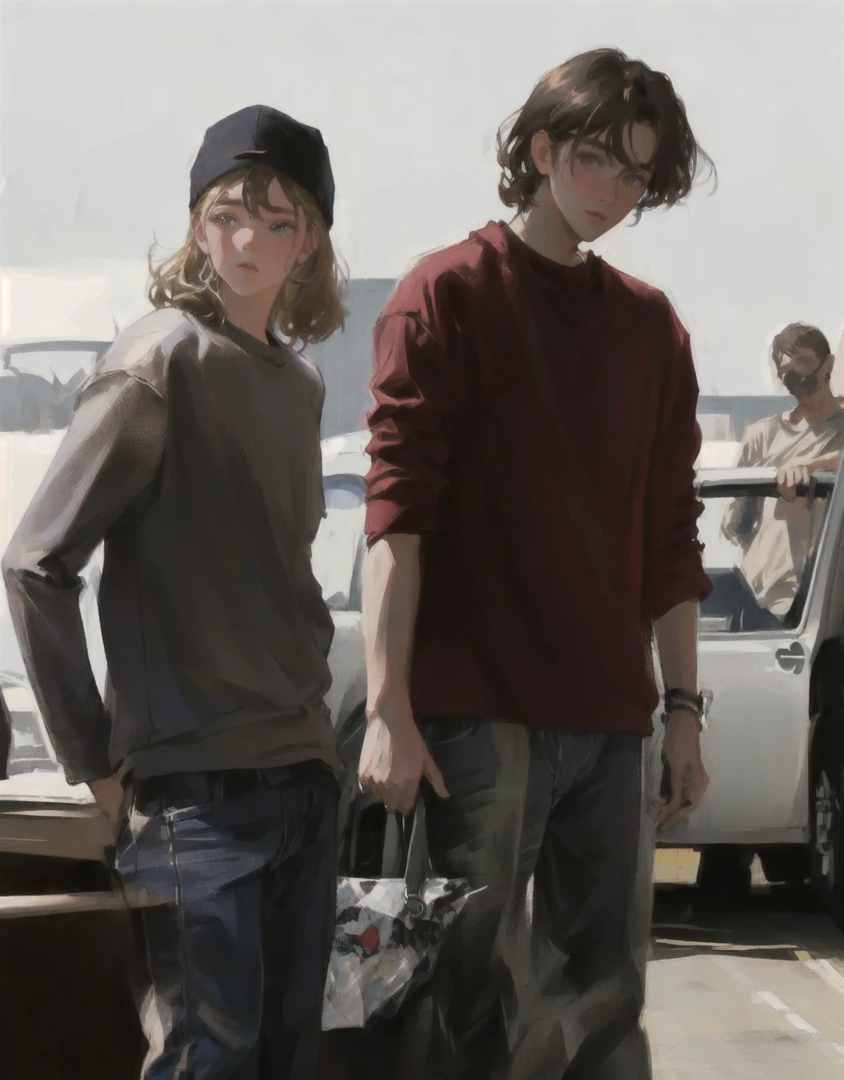 two teenagers standing next to each other, mid 90s, igla movie shot, road trip, movie scene, cinestill!!, clear features, masterpiece, detailed face