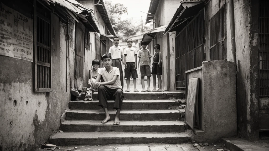 1930s, monochrome photography, Southeast Asian street Children, stairs, outdoors, slam,   (the leader boy is in the center with his arms crossed), 32K, Best quality, Masterpiece, super detail, High Details,