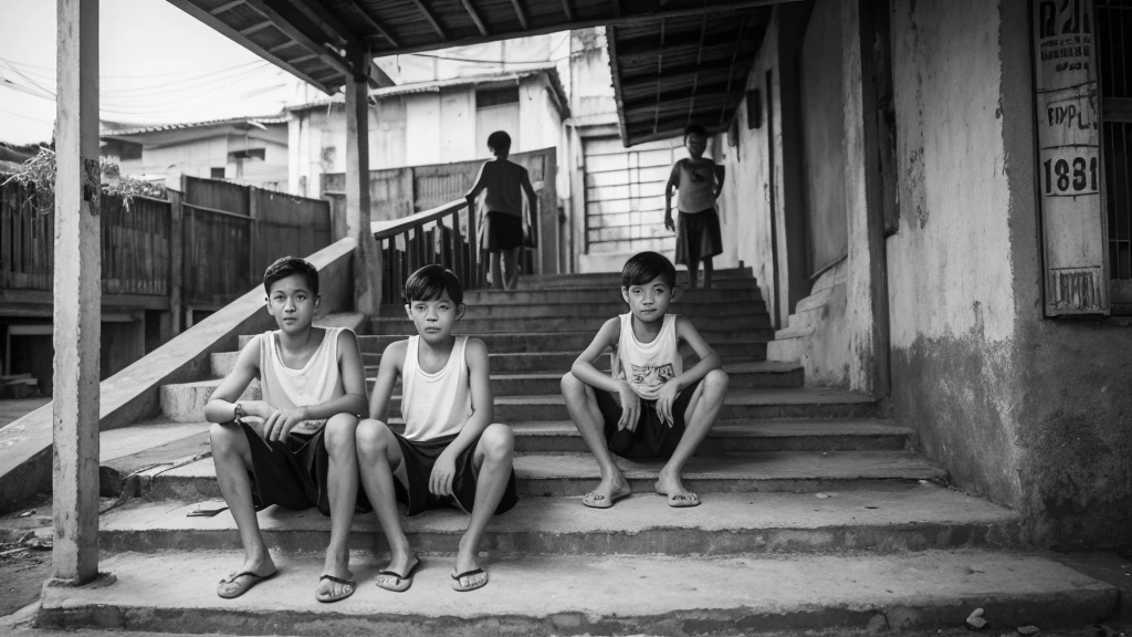 1930s, monochrome photography, Southeast Asian street Children, stairs, outdoors, slam, (the leader boy is in the center with his arms crossed), 32K, Best quality, Masterpiece, super detail, High Details,