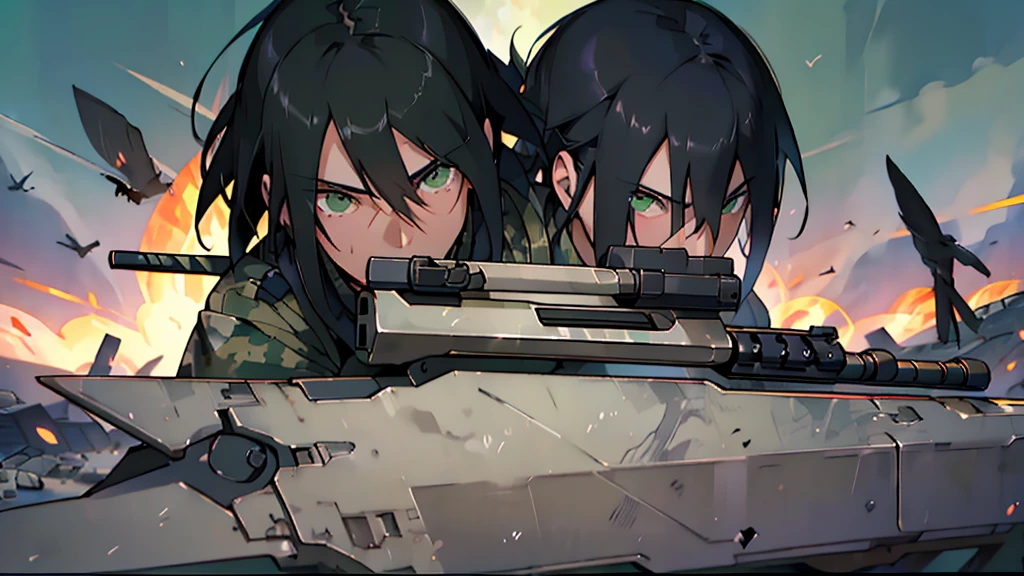 1man, close up, facing viewer, asian, black hair, green eyes, wearing american camo soldier uniform, running, assault rifle, birds, imp, prophets, operations, luna, war torn city, shooting, explosions, absurdres, high res, ultrasharp, 8K, masterpiece, looking at viewer