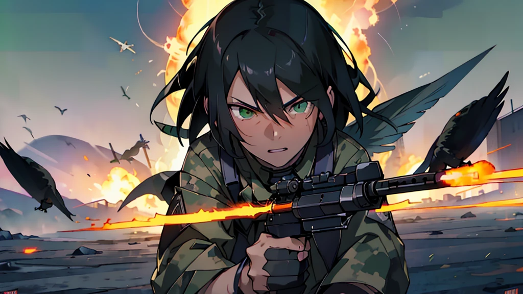 1man, close up, facing viewer, asian, black hair, green eyes, wearing american camo soldier uniform, running, assault rifle, birds, imp, prophets, operations, luna, war torn city, shooting, explosions, absurdres, high res, ultrasharp, 8K, masterpiece, looking at viewer