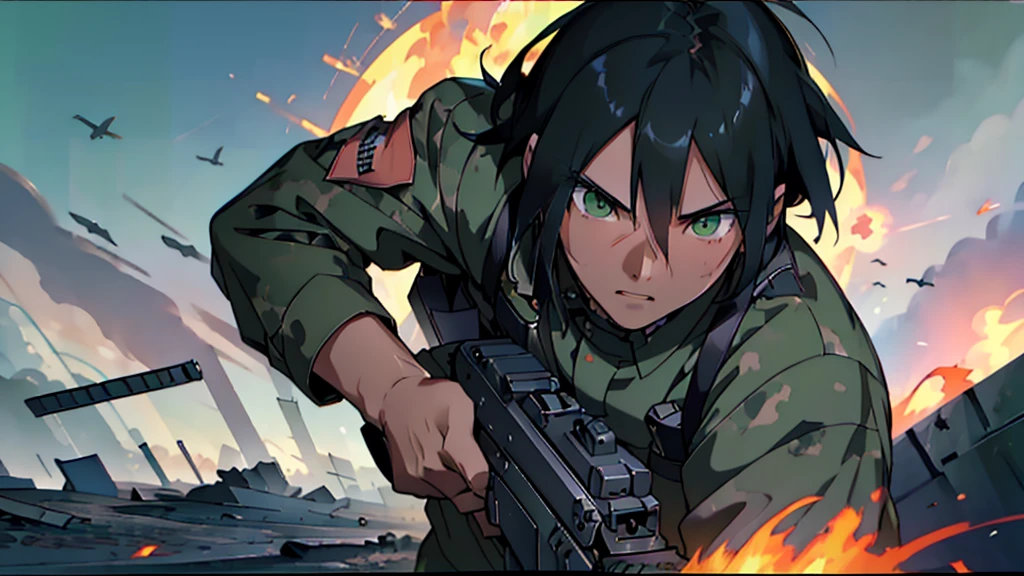 1man, close up, facing viewer, asian, black hair, green eyes, wearing american camo soldier uniform, running, assault rifle, birds, imp, prophets, operations, luna, war torn city, shooting, explosions, absurdres, high res, ultrasharp, 8K, masterpiece, looking at viewer