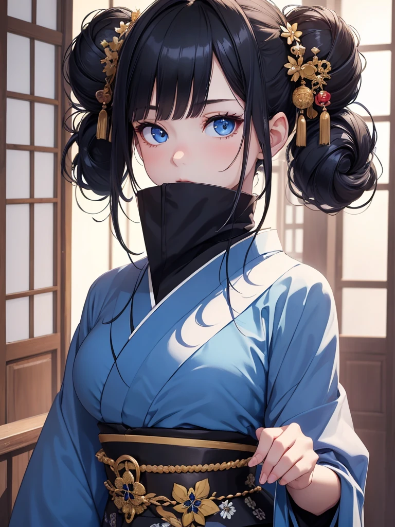 (8K, Best Quality, Masterpiece, Ultra High Resolution) 1 Girl, , Young, Beautiful Eyes, Face Details, Jet Black Hair, Hair Buns, Blue Eyes, Pale Skin, Blue Kimono, Traditional Japanese Home, Best Quality, Upper Body, Looking at the Viewer, Facing Viewer, Close Up