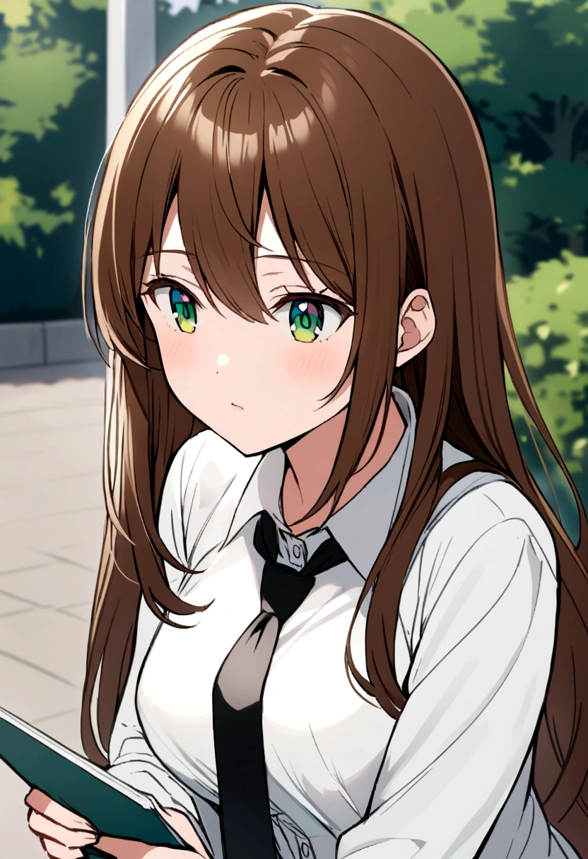 An anime girl with long brown hair, green eyes, dressed in a of white shirt and black tie and has a notebook because she is deaf