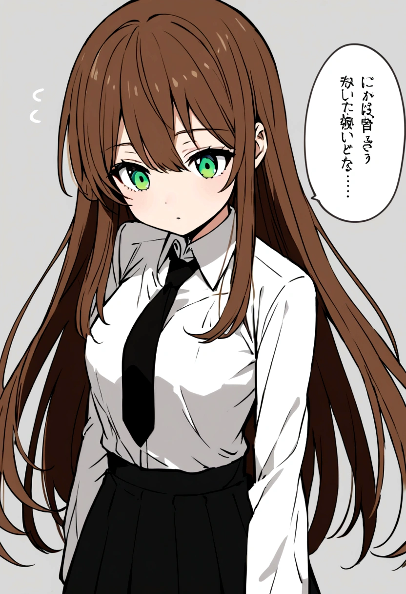 An anime girl with long brown hair, green eyes, dressed in a of white shirt and black tie and has a notebook because she is deaf