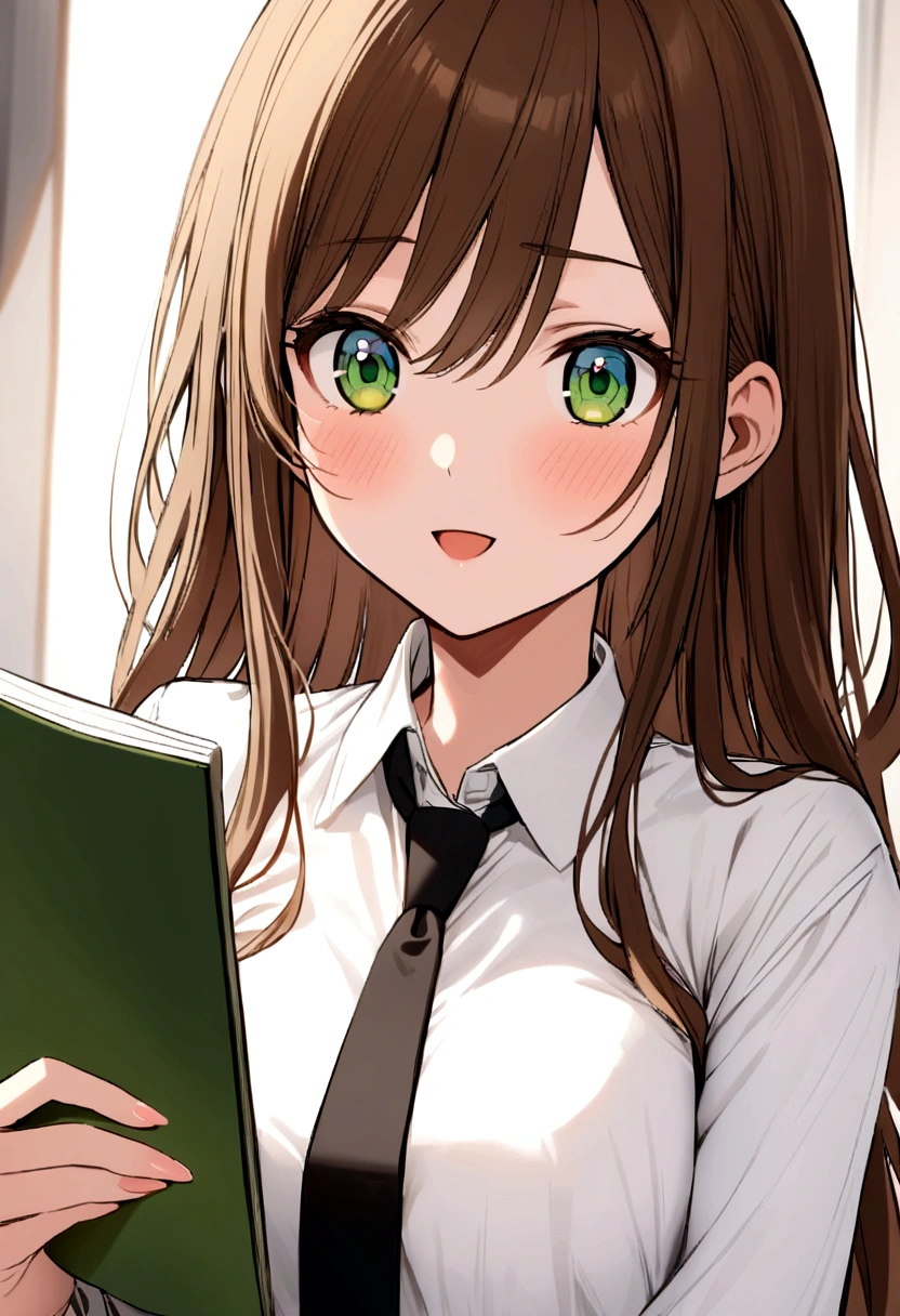 An anime girl with long brown hair, green eyes, dressed in a of white shirt and black tie and has a notebook because she is deaf