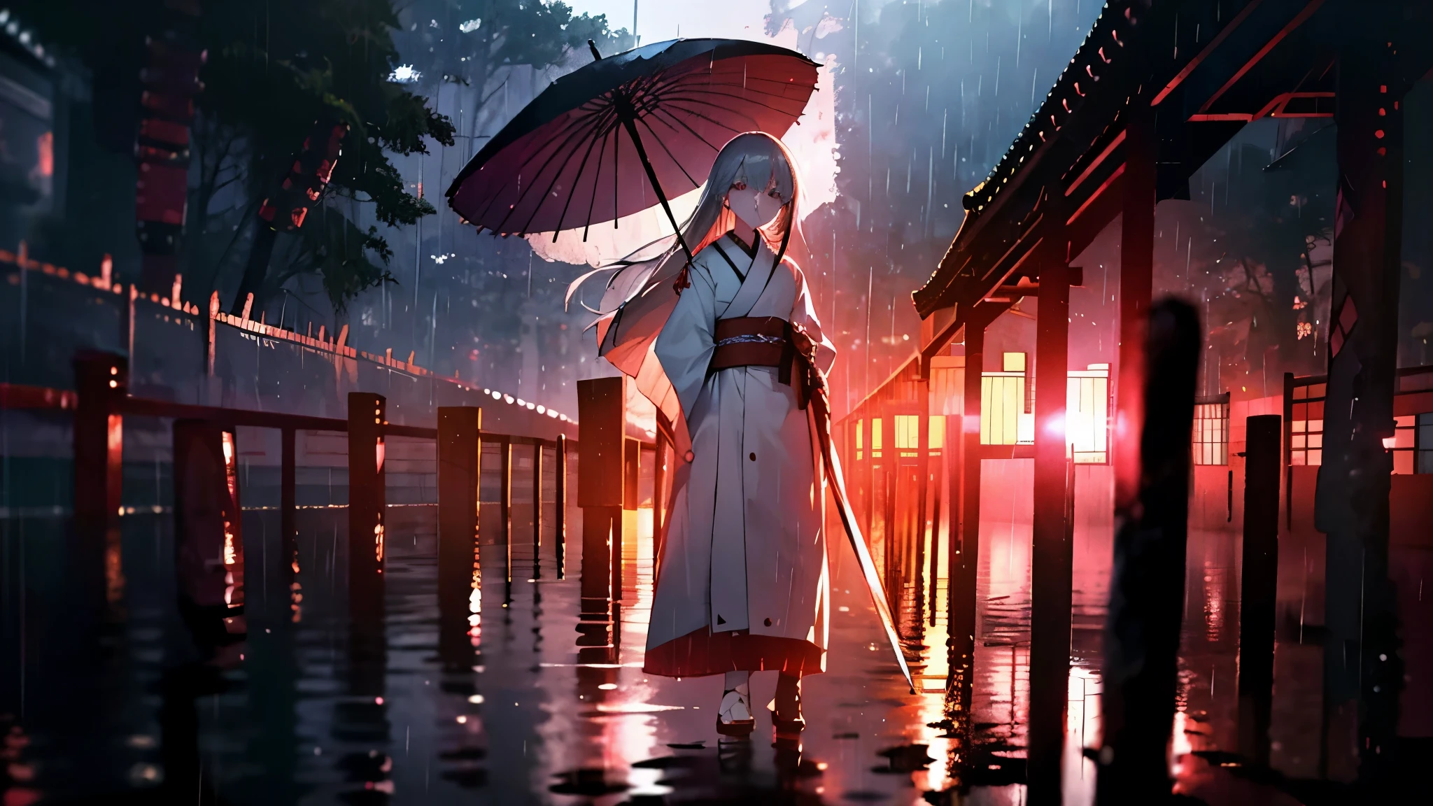 Highest quality, woman, warrior, sad, carry a sword, Japanese Umbrella, Tears, Are standing, Recall, Semi-long gray hair, Silver Eyes, sanpaku, Pale skin, expensive, Japanese clothes, 20-year-old, Japanese, sad場面, At night, outside, In the rain