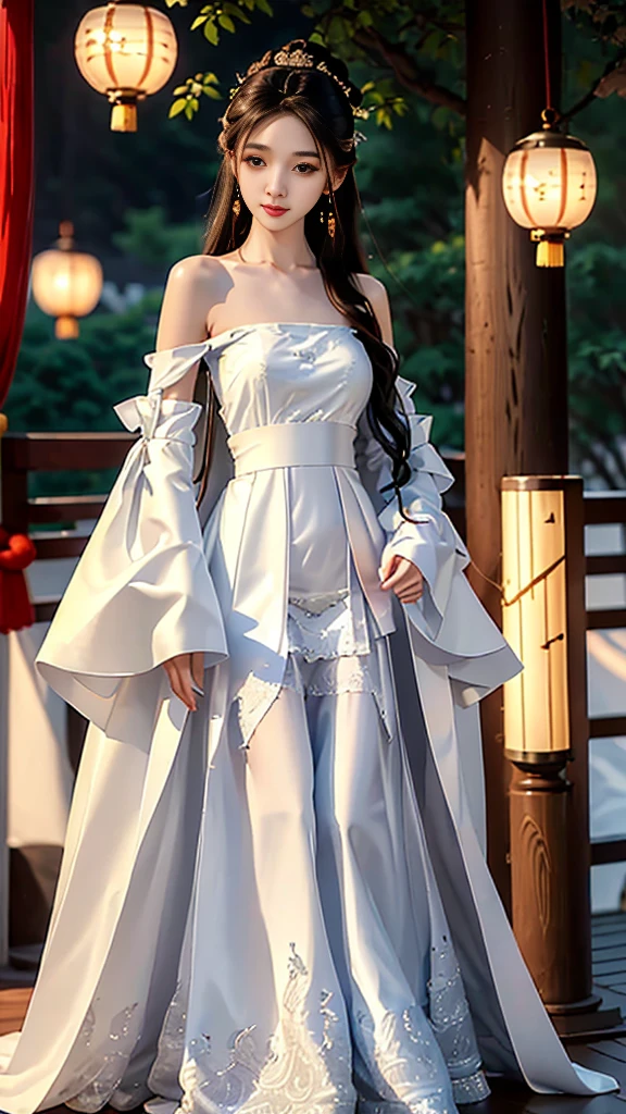 Girl in traditional Chinese clothing, Hanfu ,long black hair, black eyes, black bun hairstyle, hair accessories ,white diamond earrings, Bangle Diameter, Dia Necklace, Clear eyes, Facing forward,put on makeup, Long eyelashes ,(Long shoulder coat:1.5), (long white skirt:1.5), ((Whole body)), ((from below)), Clear face, Many long, thin white cloths , (Very beautiful face, Beautiful mouth, beautiful eyes), detailed face, ((Ultra-fine skin)), In the dark, deep shadows, an ancient Chinese girl (Very slim figure 1.3) ,Plump breasts, sexy slender legs elegant posture (smile brightly) (city night (neon light)) (nighttime ),
