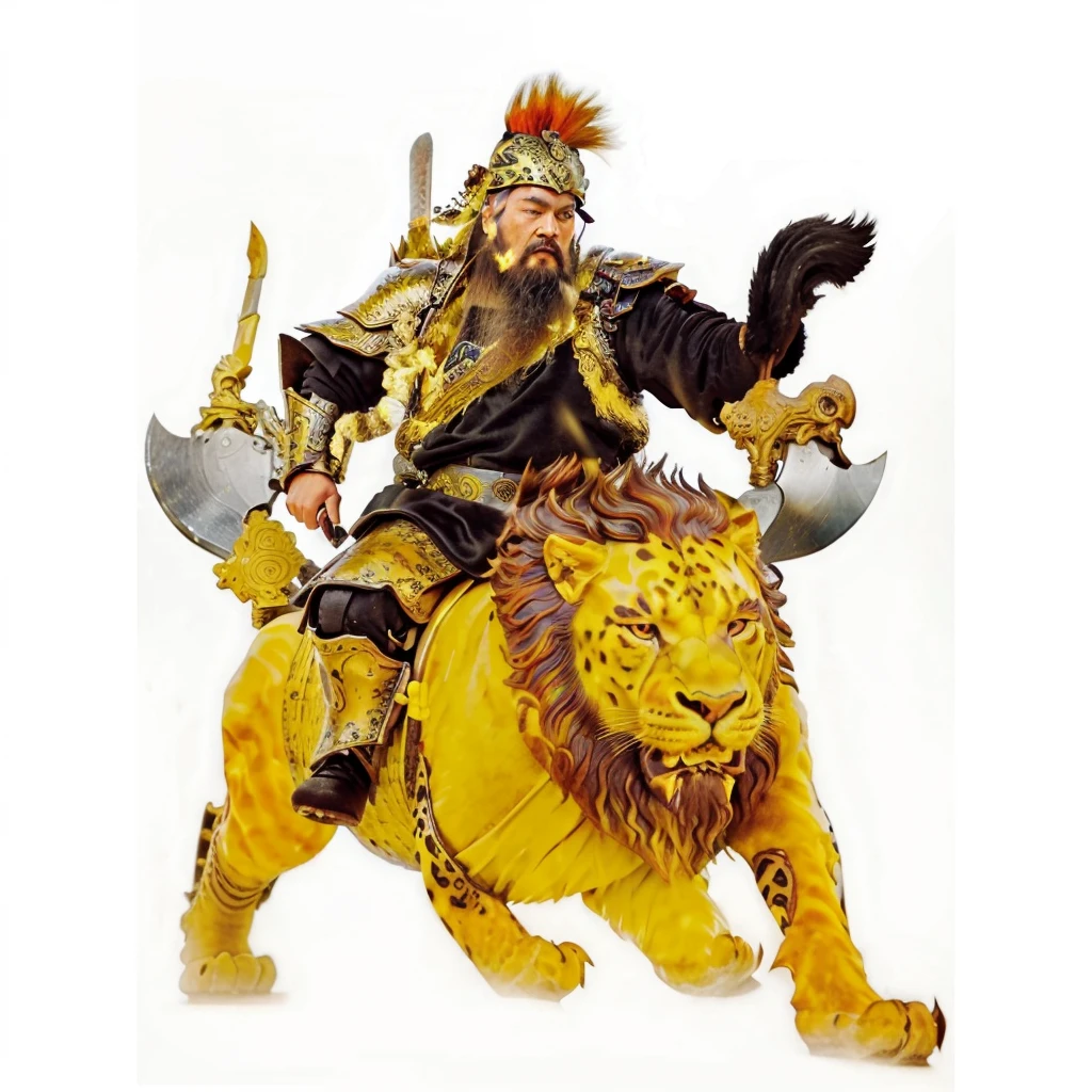 a wild beard ancient chinese warrior with armour holding 2 axes, riding on a lion looked monster, black robe,Gourd on the back,tusk on the lion, leopard skin along head armour,