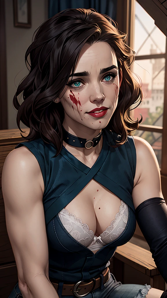 a drawing of a woman with blood on her face and a bloody collar, charlie bowater art style, arte do personagem Charlie Bowater, lois van rossdraws, Ross Draws 1. 0, female vampire, Carmilla Vampira, artgerm e rossdraws, style of charlie bowater, Vampire girl, Ross Draws 2. 0, Retrato de RossDraws, vampire portraitJennifer Connelly , , white bra, green vest, sleeveless, へそ, blue jeans, Brown boots, gloves fingerless, short gloves, slightly-smile, shorth hair, wavy hair, parted bangs, anime color eyes,  under the right eye, old american west, funfo White Belt, best quality, Obra de arte Jennifer Connelly