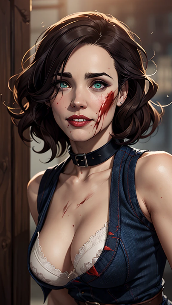 a drawing of a woman with blood on her face and a bloody collar, charlie bowater art style, arte do personagem Charlie Bowater, lois van rossdraws, Ross Draws 1. 0, female vampire, Carmilla Vampira, artgerm e rossdraws, style of charlie bowater, Vampire girl, Ross Draws 2. 0, Retrato de RossDraws, vampire portraitJennifer Connelly , , white bra, green vest, sleeveless, へそ, blue jeans, Brown boots, gloves fingerless, short gloves, slightly-smile, shorth hair, wavy hair, parted bangs, anime color eyes, under the right eye, old american west, funfo White Belt, best quality, Obra de arte Jennifer Connelly
