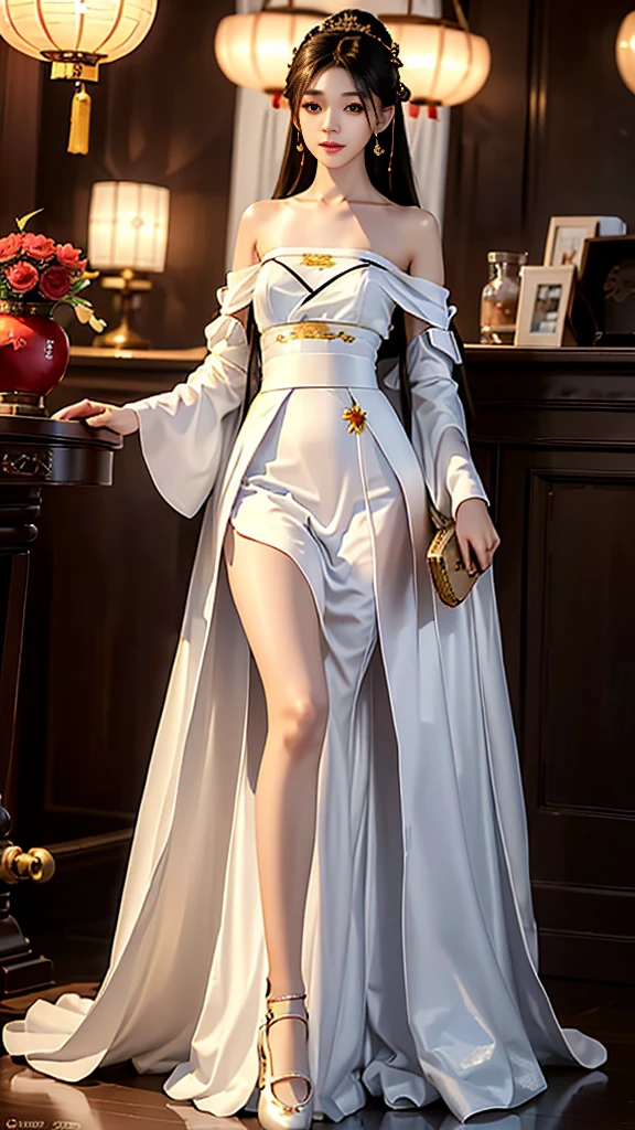 Girl in traditional Chinese clothing, Hanfu ,long black hair, black eyes, black bun hairstyle, hair accessories ,white diamond earrings, Bangle Diameter, Dia Necklace, Clear eyes, Facing forward,put on makeup, Long eyelashes ,(Long shoulder coat:1.5), (long white skirt:1.5), ((Whole body)), ((from below)), Clear face, Many long, thin white cloths , (Very beautiful face, Beautiful mouth, beautiful eyes), detailed face, ((Ultra-fine skin)), In the dark, deep shadows, an ancient Chinese girl (Very slim figure 1.3) ,Plump breasts, sexy slender legs elegant posture (smile brightly) (city night (neon light)) (nighttime ),