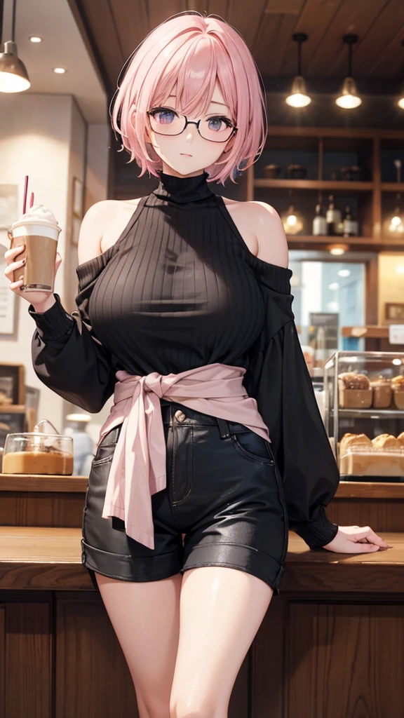 One woman,From the waist up,from the front,Big Breasts,Light pink hair,short hair,black off shoulder sweater,Shorts,Black-rimmed square glasses,Cafe