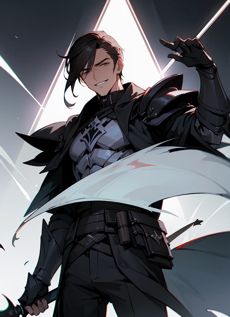 1 , handsome fashion hair,dark hair highlightwhite, fanstasy, smile face, male ,fantasy, reaper, hunter with blackshortsword, villian face, black armor , darkness wolrd, bad