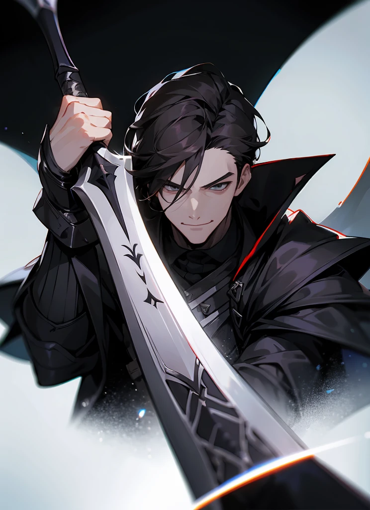 1 , handsome fashion hair,dark hair highlightwhite, fanstasy, smile face, male ,fantasy, reaper, hunter with blackshortsword, villian face, black armor , darkness wolrd, bad
