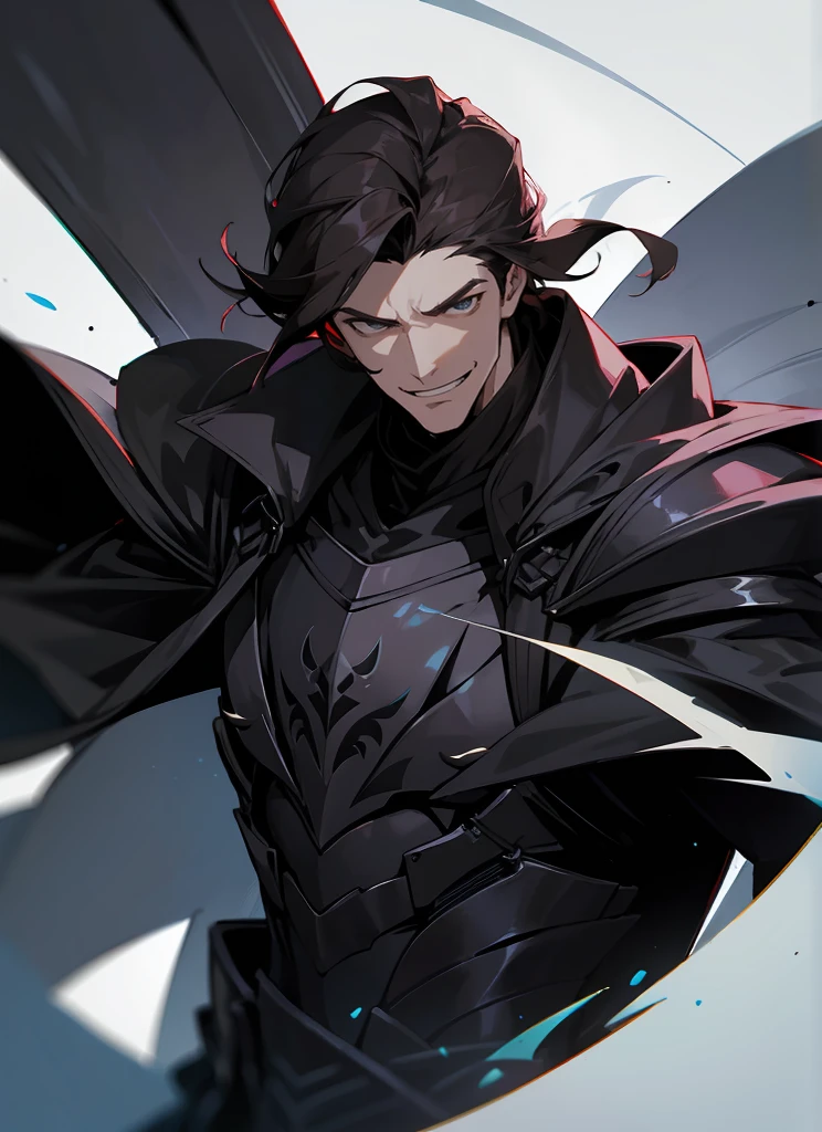 1 , handsome fashion hair,dark hair highlightwhite, fanstasy, smile face, male ,fantasy, reaper, hunter with blackshortsword, villian face, black armor , darkness wolrd, bad