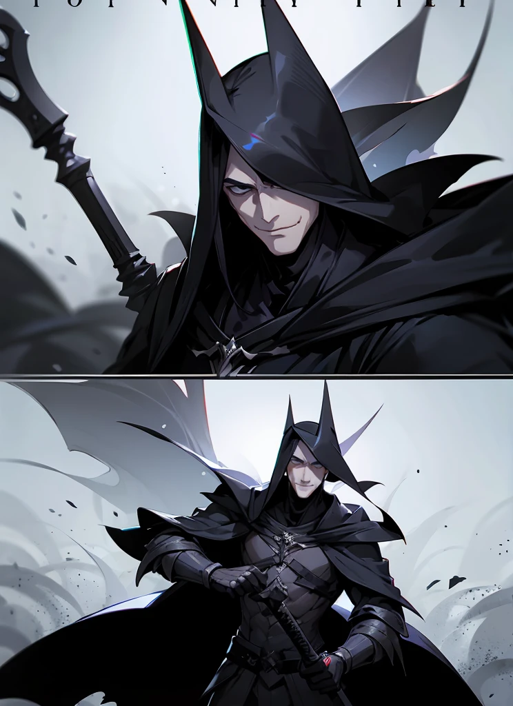 1 , handsome fashion hair,dark hair highlightwhite, fanstasy, smile face, male ,fantasy, reaper, hunter with blackshortsword, villian face, black armor , darkness wolrd, bad