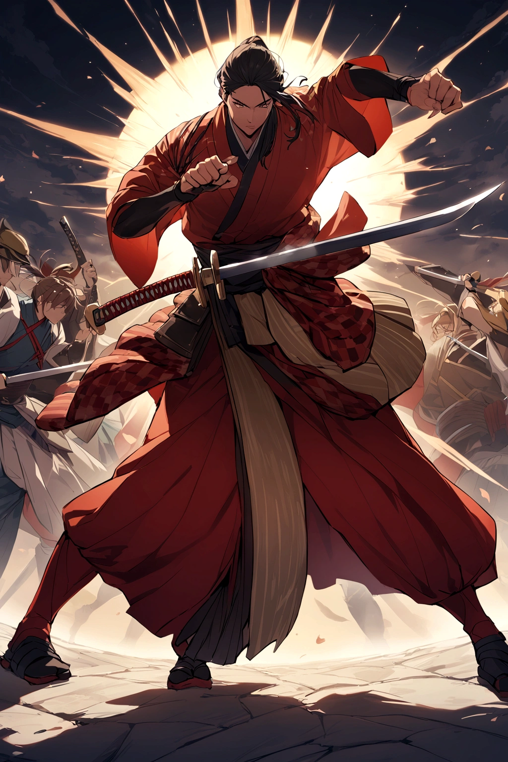 A style that combines traditional Japanese beauty with modern sensibilities.、A powerful and fantastical image。Fearless revolution and anti-war nation、Themes such as Samurai Warriors for Boys and Girls、starの光が描く歴史の物語。Elements of Sum、Boys and girls in Japanese combat uniforms in front、Holding a sword、たくさんのstar々and its shadow,night、star々、流star、Pose of fighting with a sword