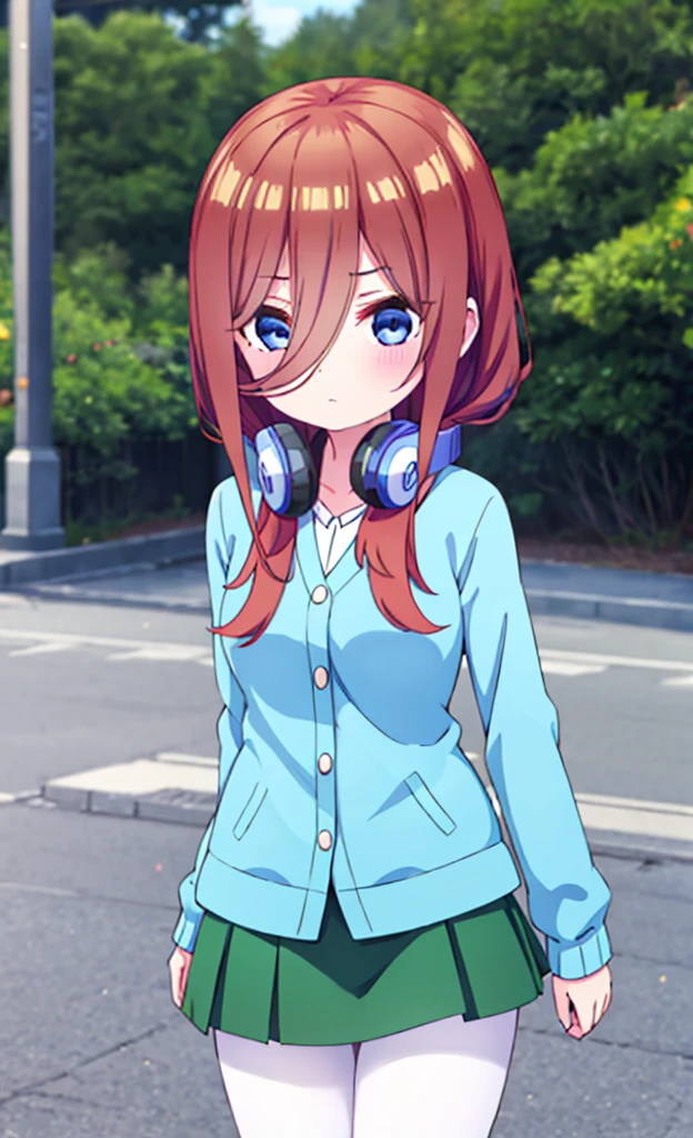 masterpiece,Highest quality,1 Girl,alone,Pokémon-like art style,(bold:1.6),(flat:1.5), miku nakano, Long Hair, bangs, blue eyes, Brown Hair, shirt, Hair between the eyes, Headphones, Headphones AROUND NECK,
skirt, shirt, Long sleeve, WHITE shirt, Black Pantyhose, PLEATED skirt, Black Pantyhose, cardigan, GREEN skirt, BLUE cardigan, Big Breasts, panic, 