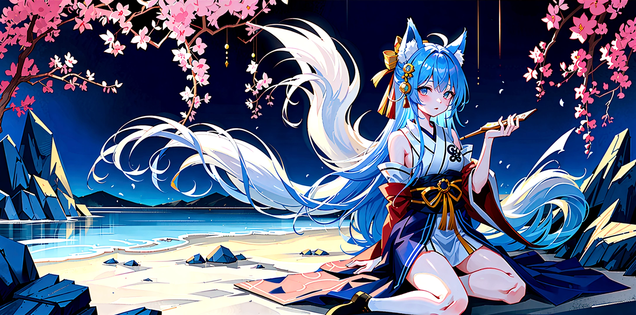 (fluffy anthro furry:1.3), furry raccoon, (Michiru:1.1), small breasts, 1girl, solo, blue hair, two tone hairs, (multicolored eyes:1.3), fox ears, kimono dress, outdoors,