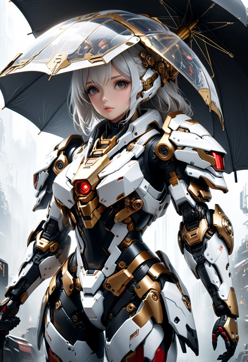 1girl, beautiful, umbrella, (red, gold, black and white sci-fi armor), mecha elements, (best quality,4k,8k,highres,masterpiece:1.2),ultra-detailed,(realistic,photorealistic,photo-realistic:1.37),cinematic lighting, dramatic atmosphere, highly detailed face and eyes, intricate mechanical details, futuristic, sci-fi, concept art, full body: 0.8