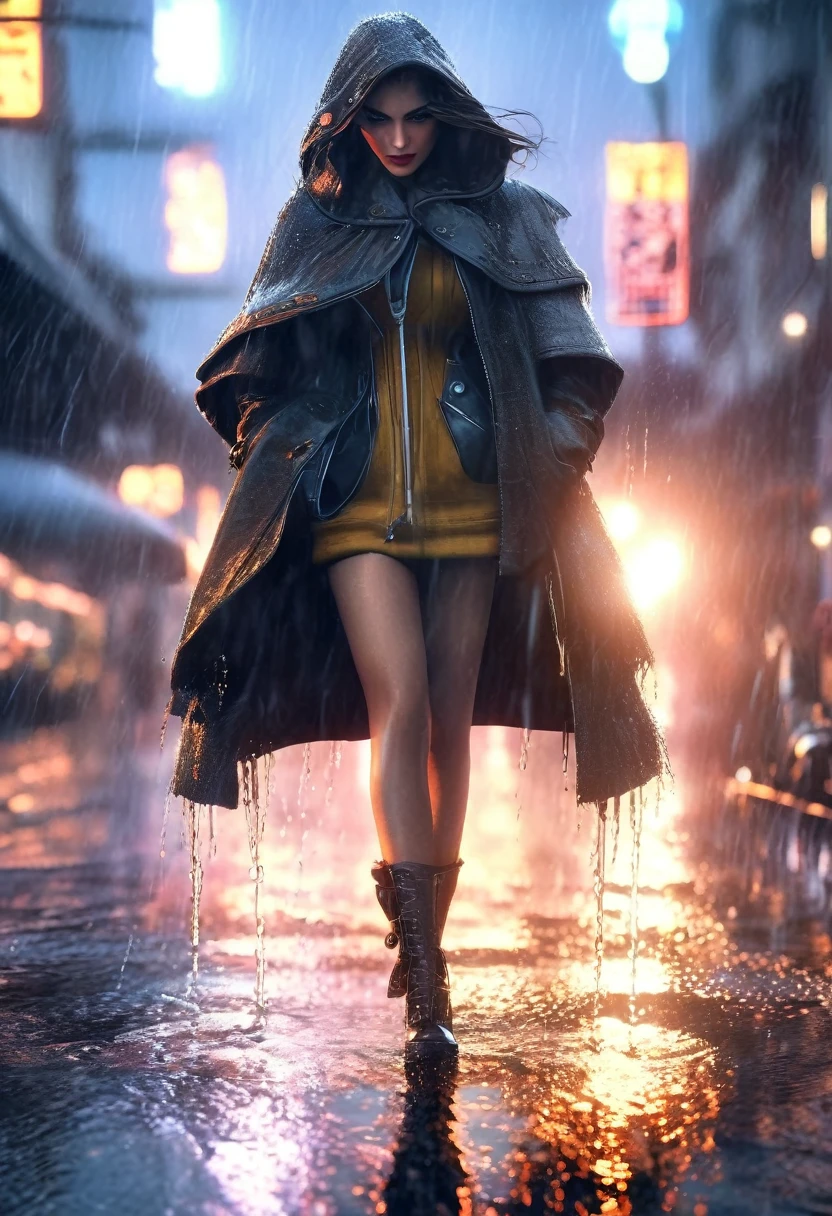 A detailed steampunk inspired illustration of a woman with an umbrella in her hand ((rainy day, street with puddles of water, heavy rain, wet clothes, skin texture, with water drops:1.5)), (Best Quality, 4k, 8k, high resolution, Masterpiece: 1.2), ultra detailed, sharp focus, (realist, photorealist, photo-realist: 1.37), (Masterpiece: 1.3), (Best Quality: 1.2), ( high quality: 1.1), (photorealist: 1.37), (extremely detailed: 1.2), (cinematic lighting: 1.2), (dramatic shadows: 1.2), (muted colors: 1.1), ,intense lighting,dramatic lighting,lighting change,cinematic lighting,chiaroscuro lighting,dramatic shadows,dramatic moments,vivid colors,intense colours,deep contrast,cinematic depth of field,cinematographic composition,angle cinema camera