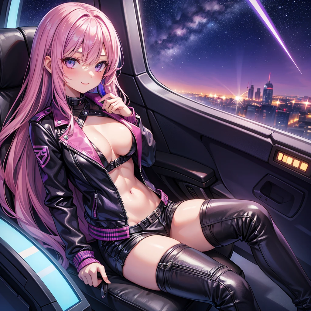 A young sexy woman with long purple hair and sexy clothes sits in a spaceship seat、A beautiful starry sky can be seen from the window.。smile,leather jacket,Future Fashion,Angel Girl,Pink Hair,Horny girl,High-dimensional beautiful girl,Multidimensional beautiful girl,colorful hair colors