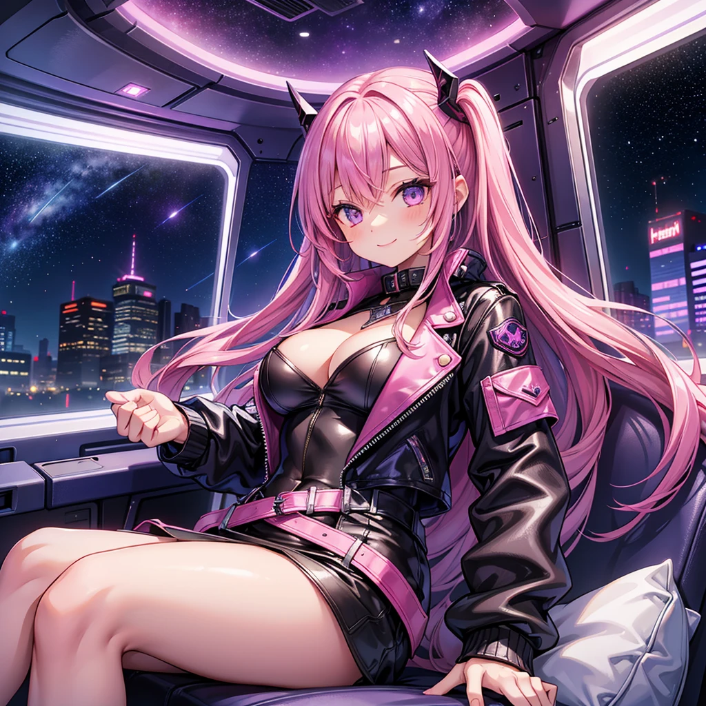 A young sexy woman with long purple hair and sexy clothes sits in a spaceship seat、A beautiful starry sky can be seen from the window.。smile,leather jacket,Future Fashion,Angel Girl,Pink Hair,Horny girl,High-dimensional beautiful girl,Multidimensional beautiful girl,colorful hair colors